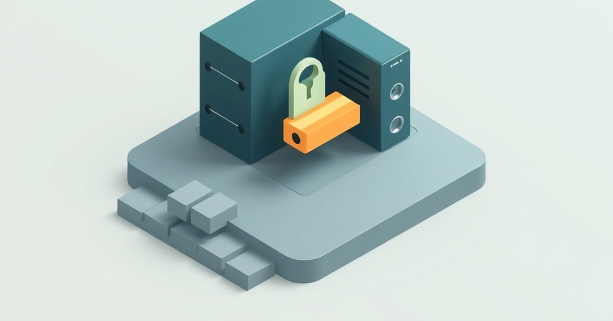 Flat isometric illustration of a teal server cabinet with a padlock and key on its open door, standing on a stone platform.