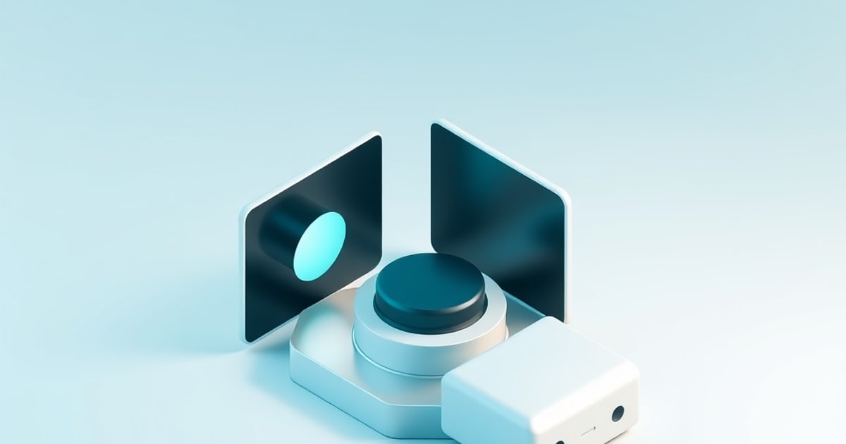 Flat isometric illustration of a white camera-like device with a dark lens dome and two dark photo panels, one showing a teal oval, on pale blue.