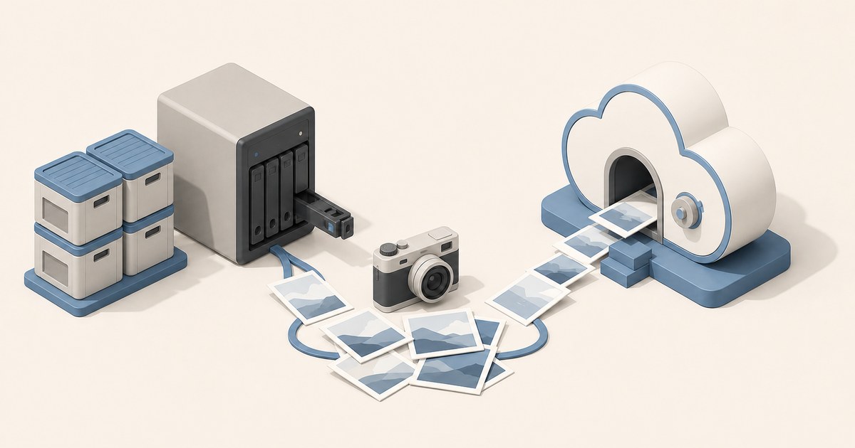 A stylized NAS, storage bins, and camera exchange photo prints with a cloud, visualizing self-hosted versus cloud photo storage.