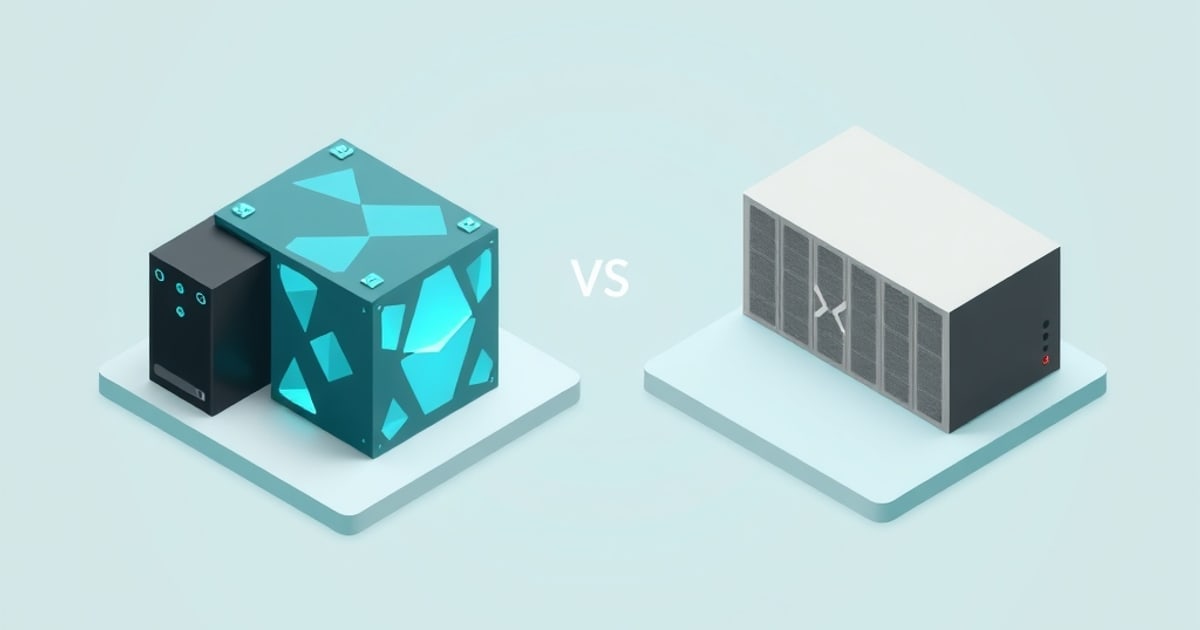 Isometric scene contrasting Proxmox and VMware ESXi hypervisors with virtual machines and container environments