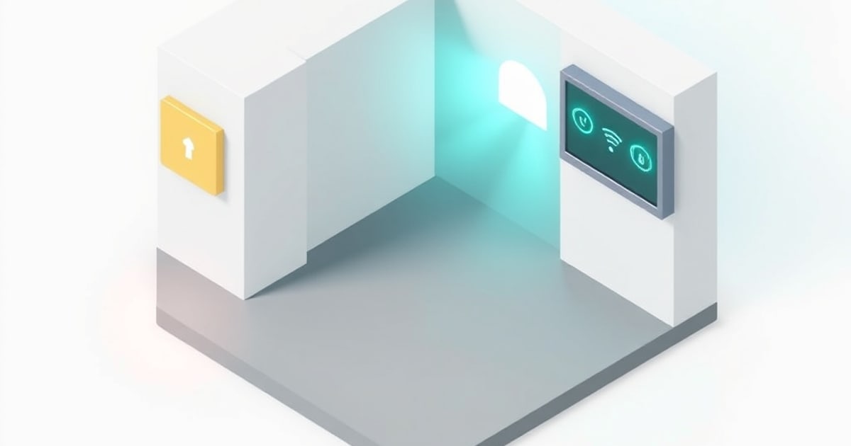 Isometric illustration of a desk with a laptop and monitor behind a protective shield, representing a private mesh VPN linking home devices